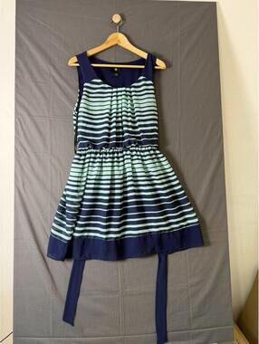 IZ Byer California Dress XL Navy Mint Stripe Sleeveless Fit & Flare Belted